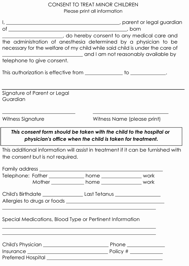 Consent to Treat form Template Best Of Child Medical Consent form Templates 6 Samples for Word