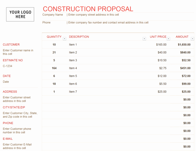 Construction Bid Proposal Template Excel Awesome Construction Proposal
