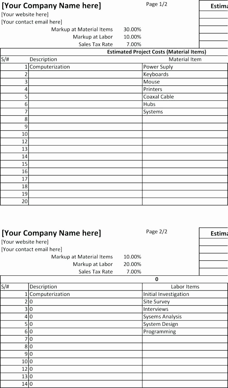 Construction Bid Proposal Template Excel New Contractor Estimate Template Excel