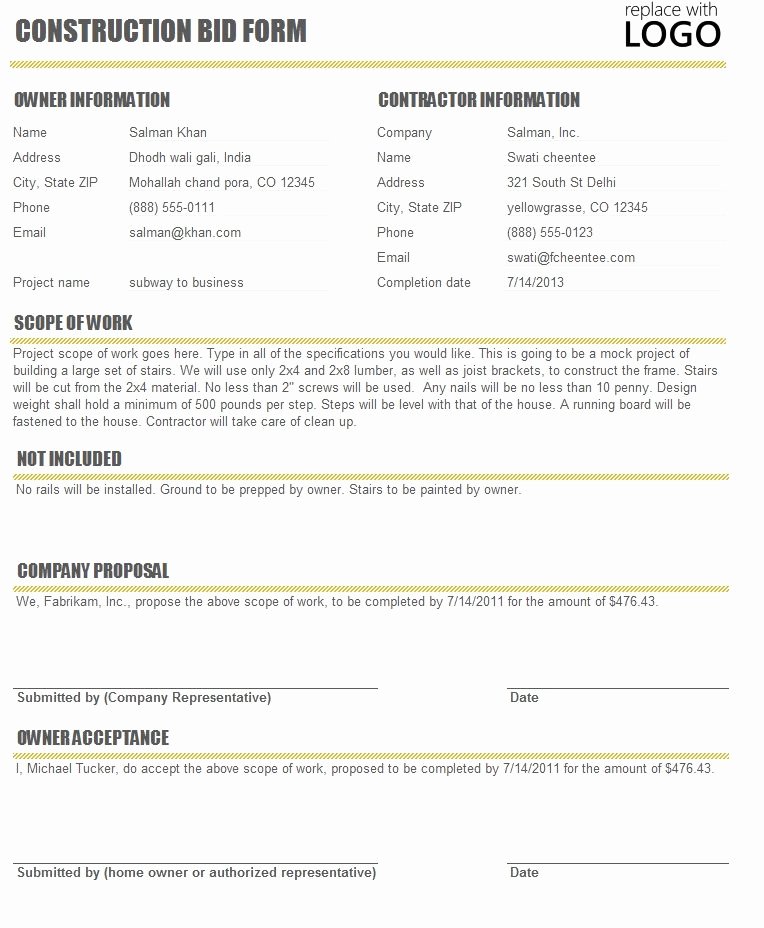 Construction Bid Proposal Template Luxury Free Construction Time and Material forms