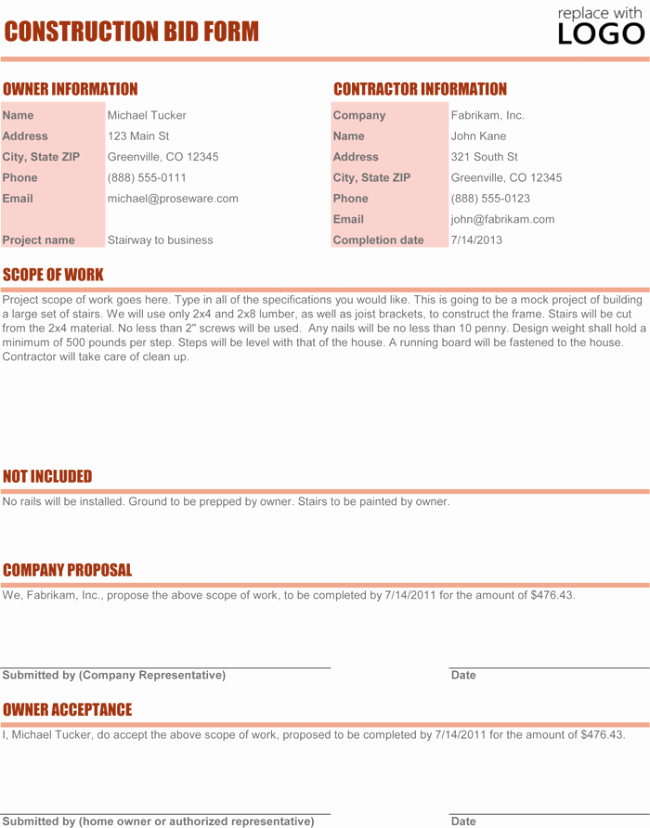 Construction Bid Sheet Template Awesome Construction Proposal Templates