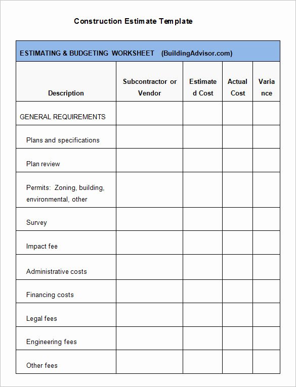 Construction Bid Sheet Template Fresh 5 Construction Estimate Templates Pdf Doc Excel