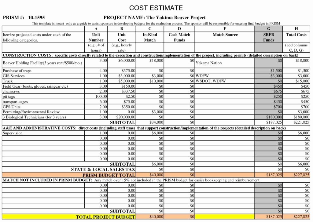 Construction Bid Template Free Excel Best Of Cost Estimate Spreadsheet Template Costing Spreadsheet