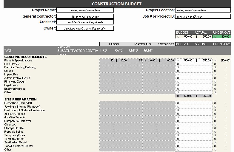 Construction Budget Template Excel Lovely Construction Bud Template – Free Detailed Bud