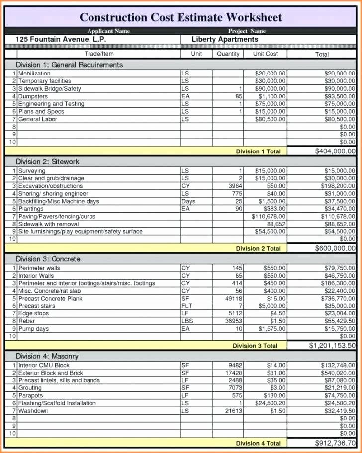Construction Budget Template Excel New New Home Construction Bud form Free Estimating