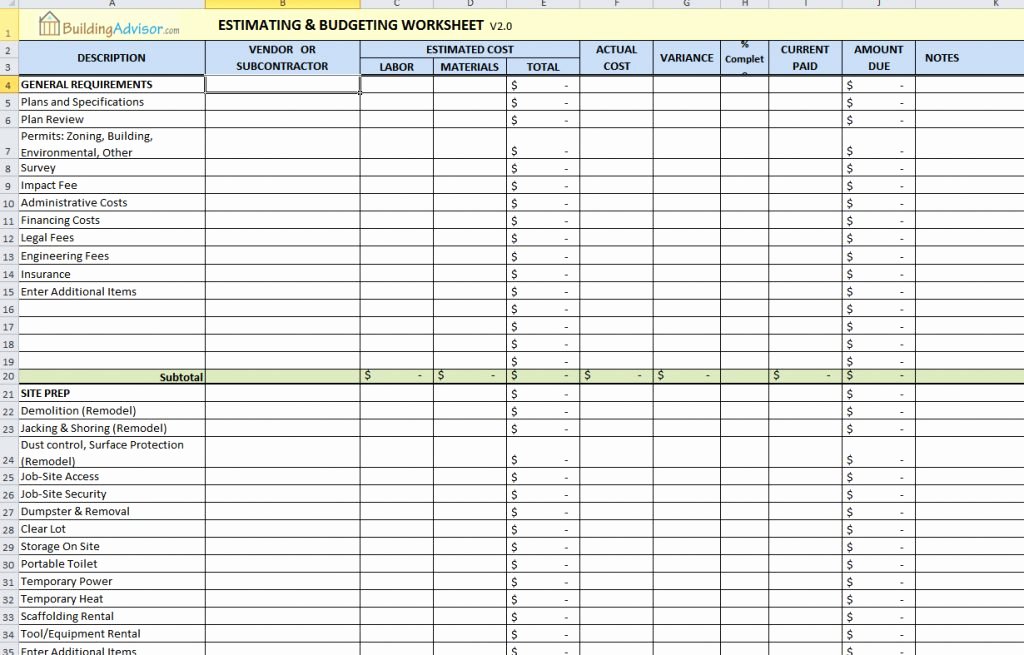 Construction Cost Estimate Template Excel Awesome Construction Estimate Worksheet Invoice Template