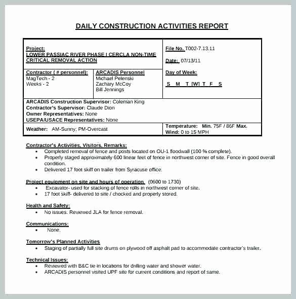 Construction Daily Report Template Excel Fresh Daily Construction Report Templates Google Docs Ms Word