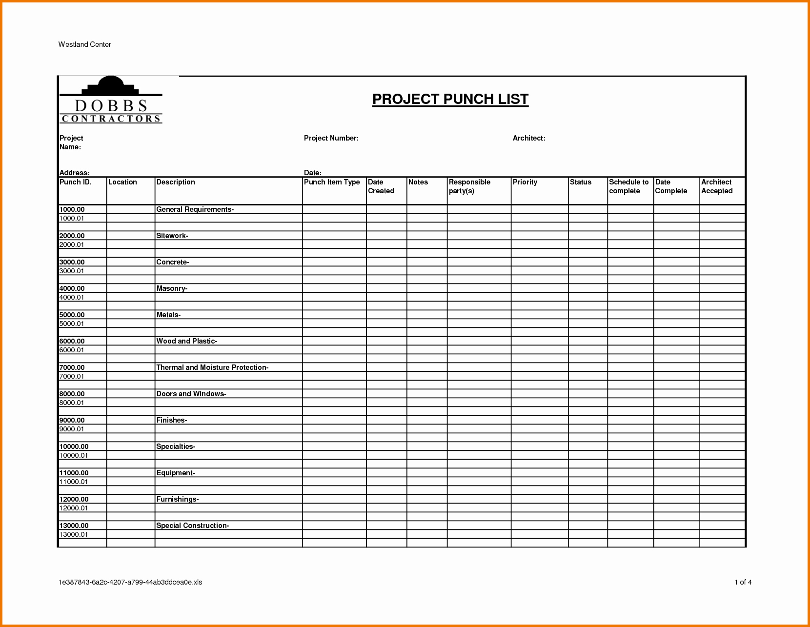 Construction Punch List Template New Construction Project Punch List Template