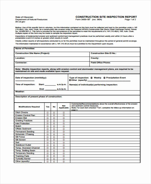 Construction Site Inspection form Template Inspirational 16 Construction Report Templates