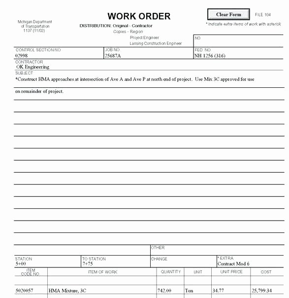 Construction Work order Template Elegant Work Authorization form Template Sample 9 Free Documents
