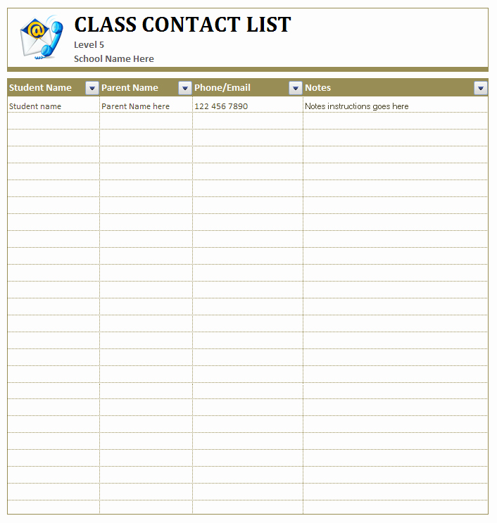 Contact List Excel Template Fresh Class Student Contact List Template Excel for School