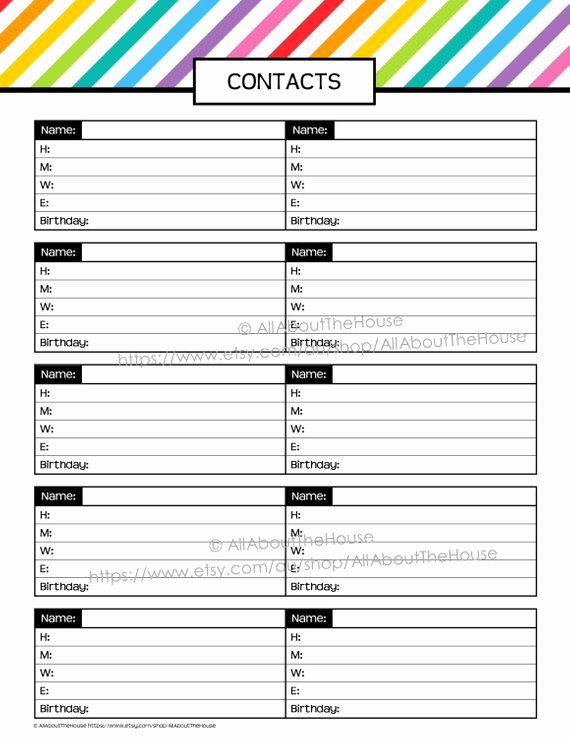 Contact List Template Pdf Awesome Contacts Printable Rainbow Stripe Pdf Editable Fillable