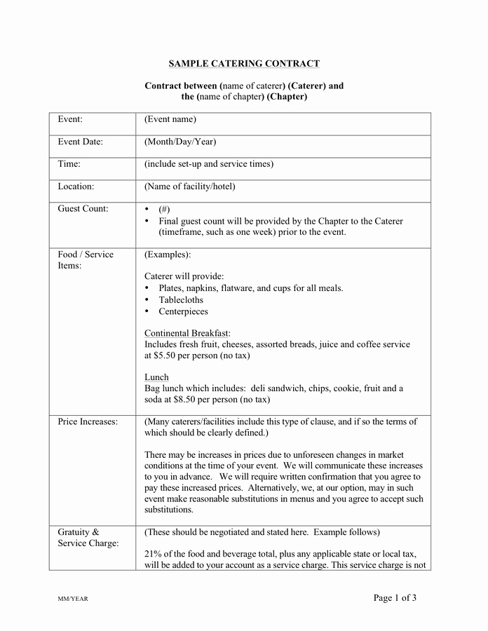 Contract for Catering Services Template Awesome Catering Contract Template Free Documents for