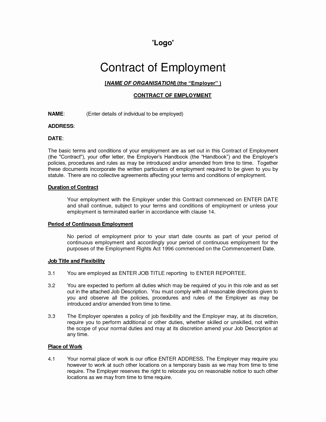 Contract Of Employment Template Awesome Free Printable Employment Contract Sample form Generic