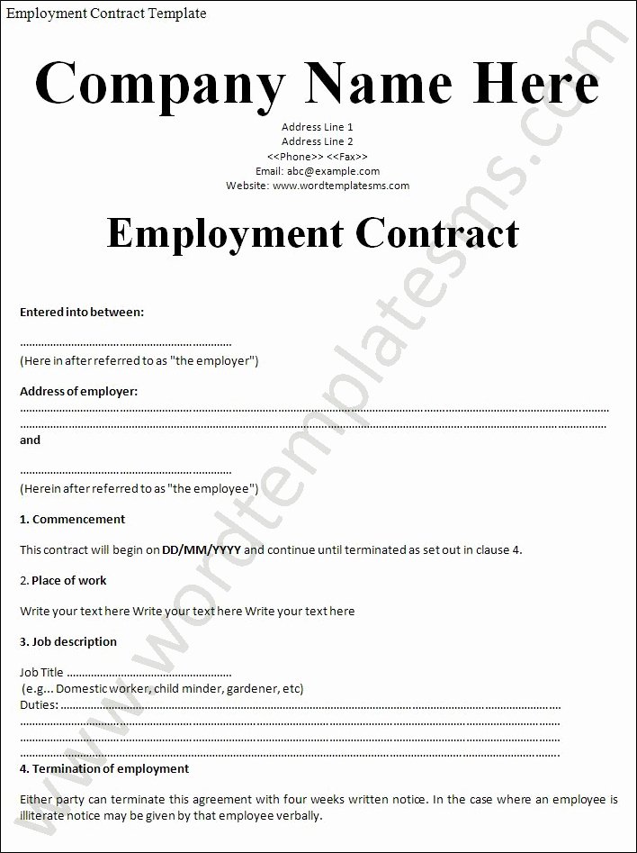 Contract Of Employment Template Elegant Free Printable Employment Contract Sample form Generic
