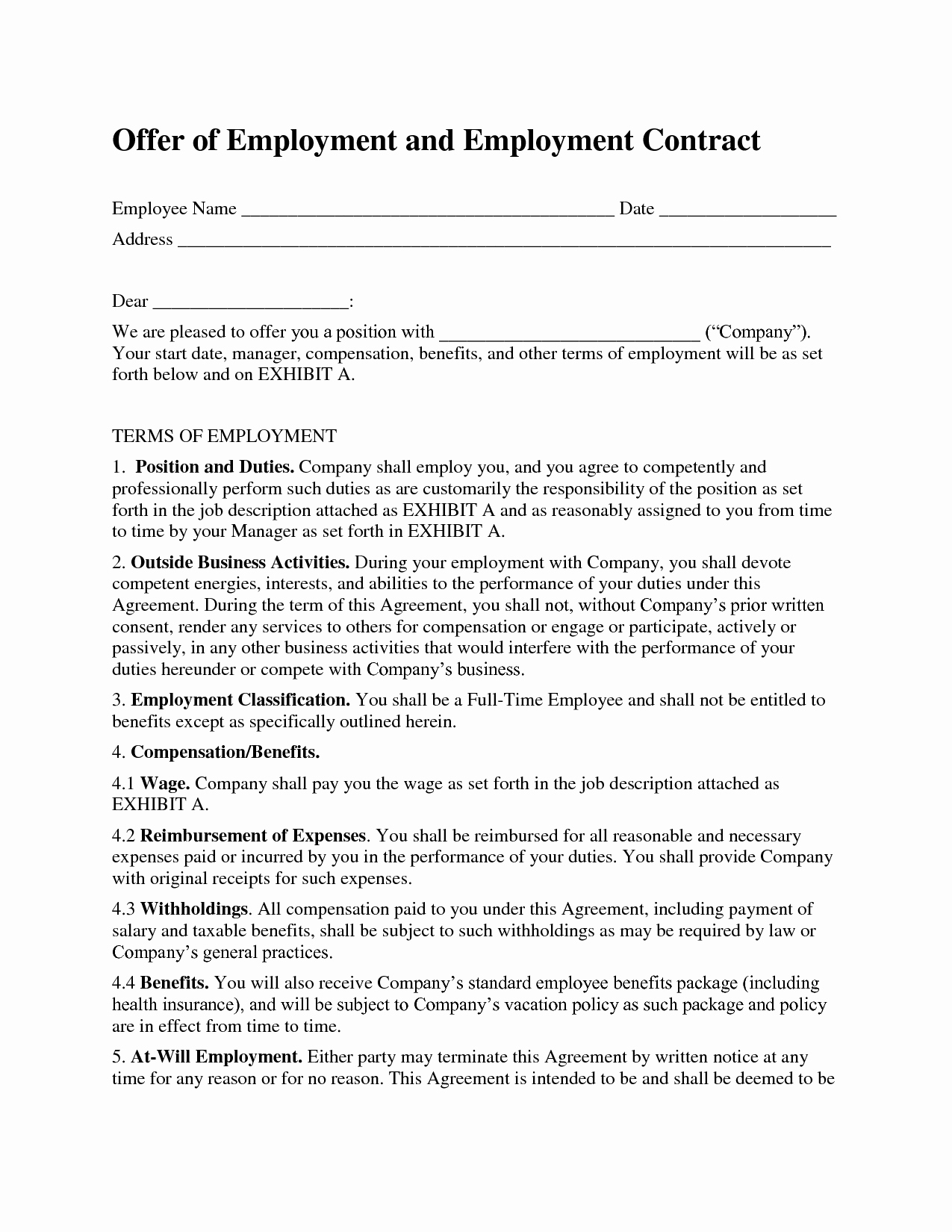 Contract Of Employment Template Fresh Free Printable Employment Contract Sample form Generic