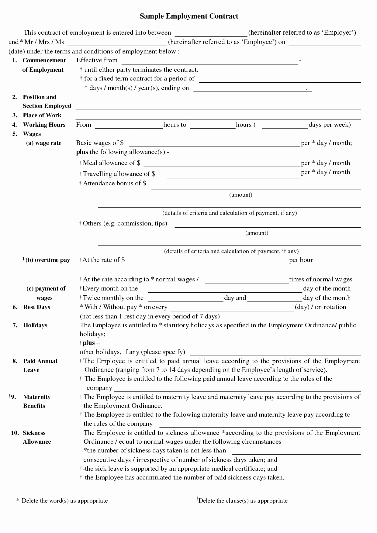 Contract Of Employment Template Inspirational Free Printable Employment Contract Sample form Generic
