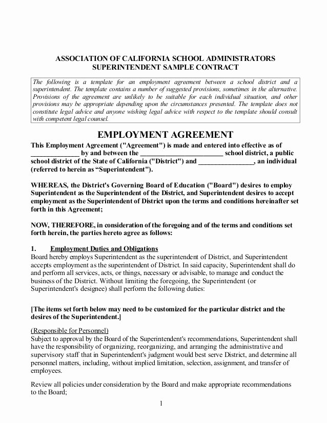 Contract Of Employment Template Lovely Acsa Supt Sample Contract 1 29 13