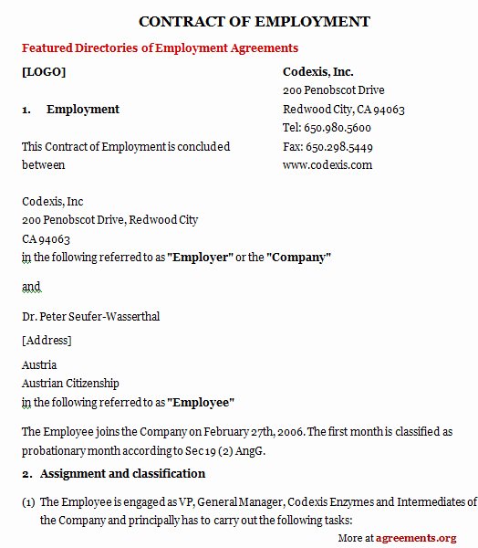 Contract Of Employment Template New Employment Contract Agreement Sample Employment Contract