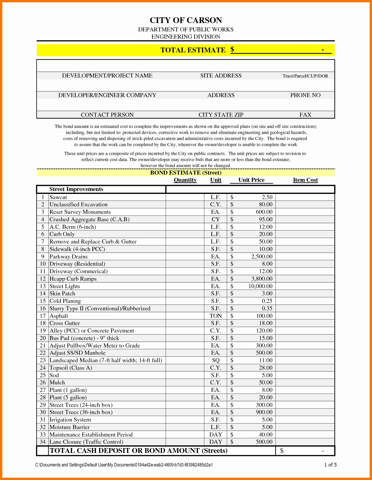 Contractor Estimate Template Excel New Excel Construction Estimate Template Download Free Example