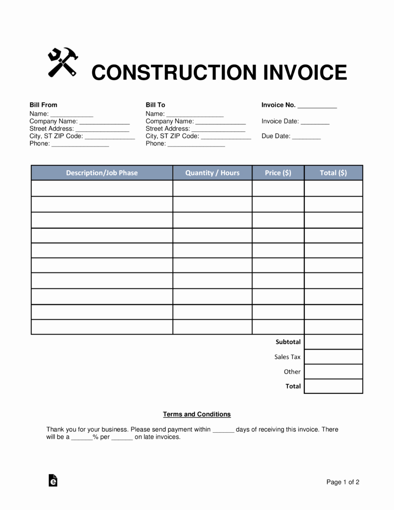 Contractor Invoice Template Free Awesome Free Construction Invoice Template Word Pdf
