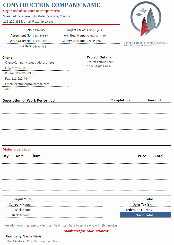 Contractor Invoice Template Free Best Of Construction Contractor Invoice Template