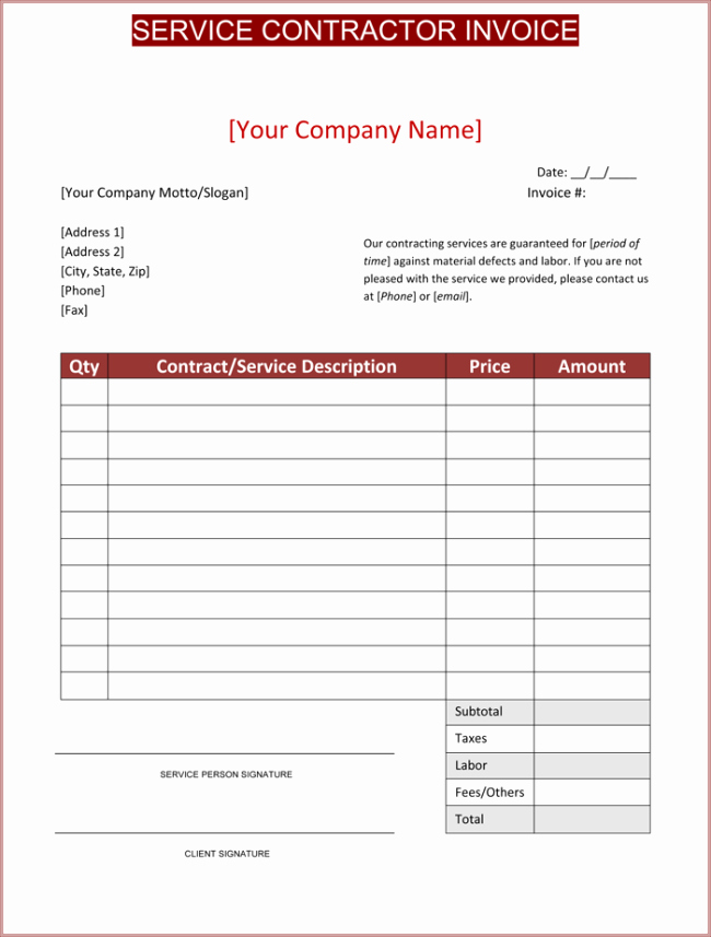 Contractor Invoice Template Free Fresh Contractor Invoice Template 6 Printable Contractor Invoices