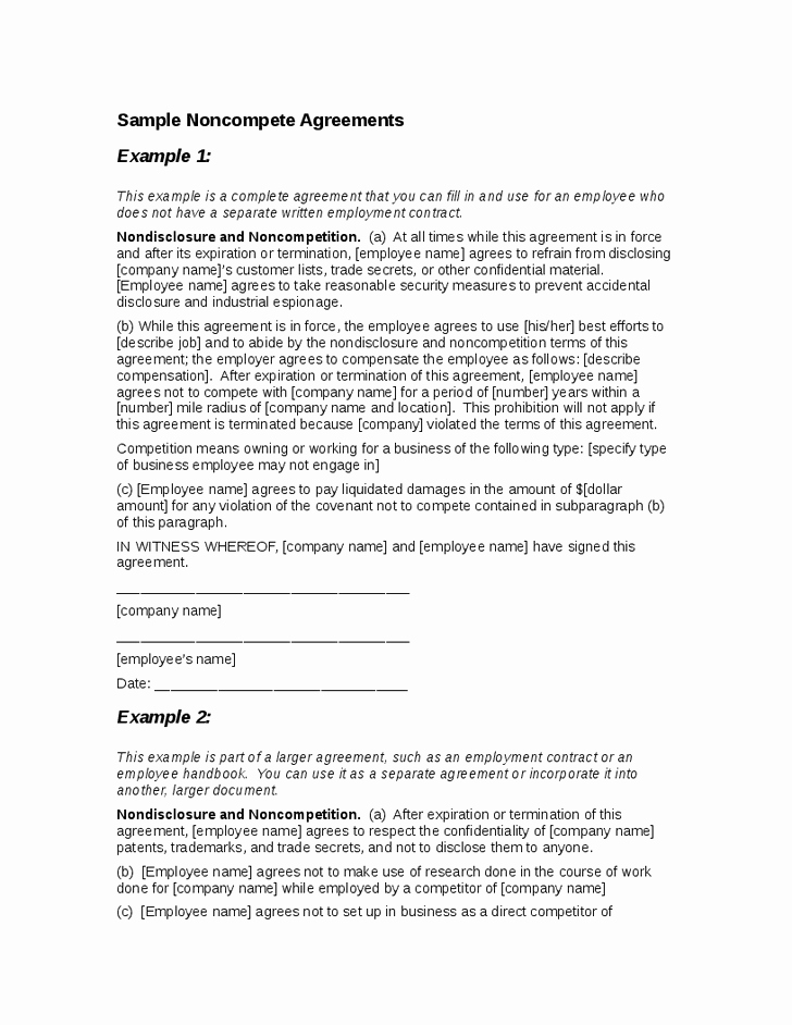 Contractor Non Compete Agreement Template Fresh Employee Agreement form