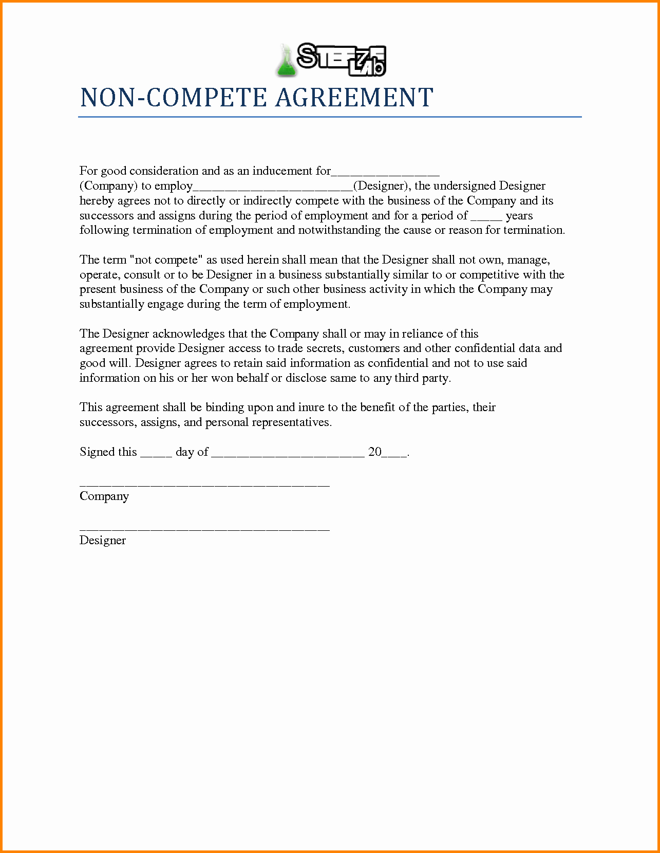 Contractor Non Compete Agreement Template Unique Agreement Non Pete Agreement form