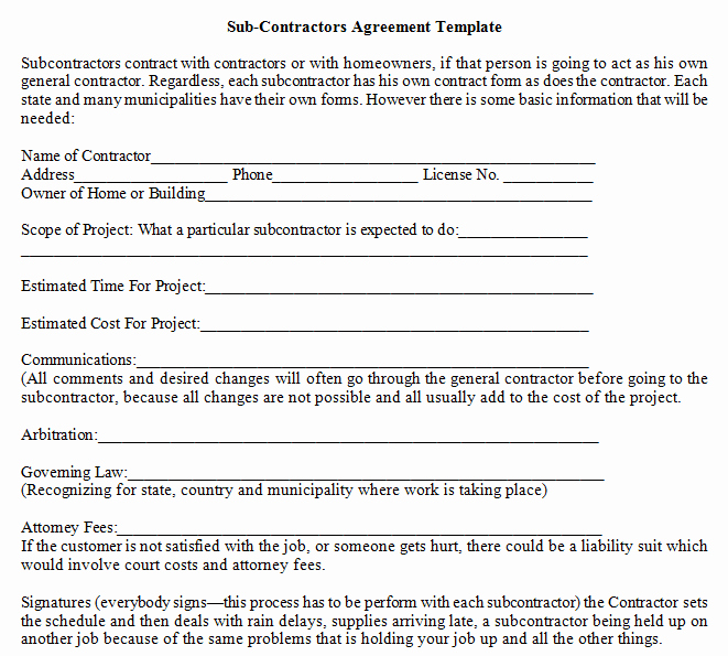 Contractors Contract Template Free Fresh Sub Contractors Agreement Template Dotxes