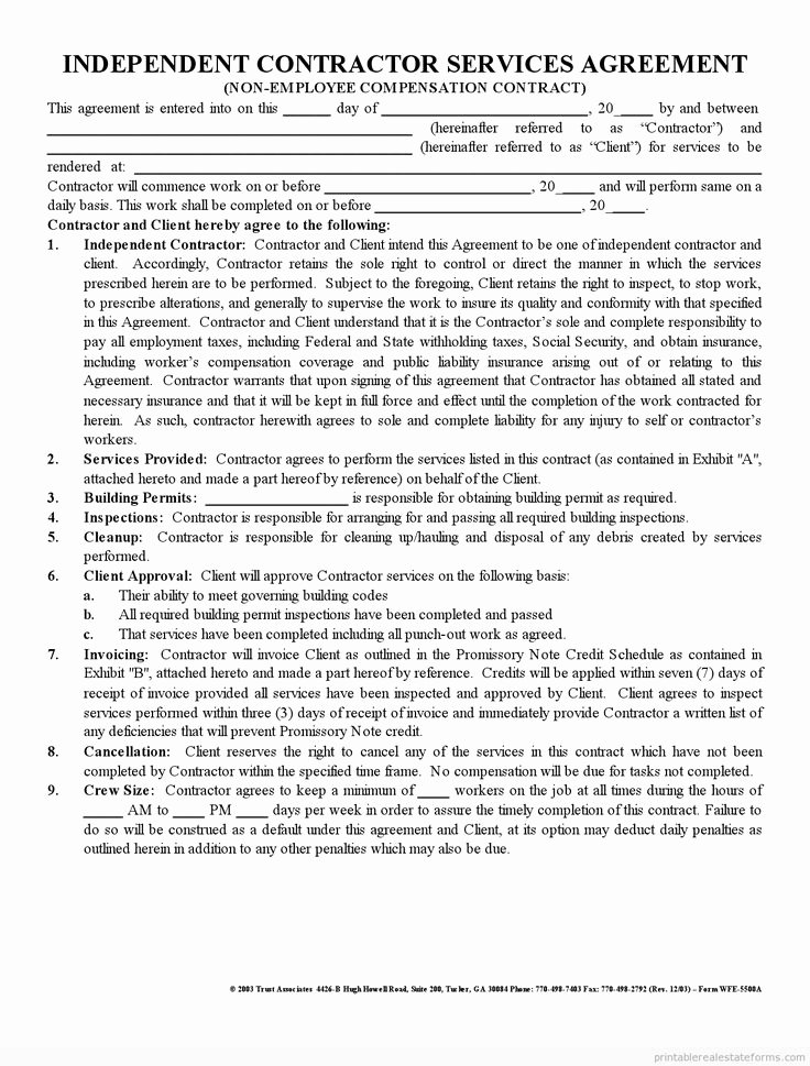 Contractors Contract Template Free Unique Free Printable Independent Contractor Agreement form