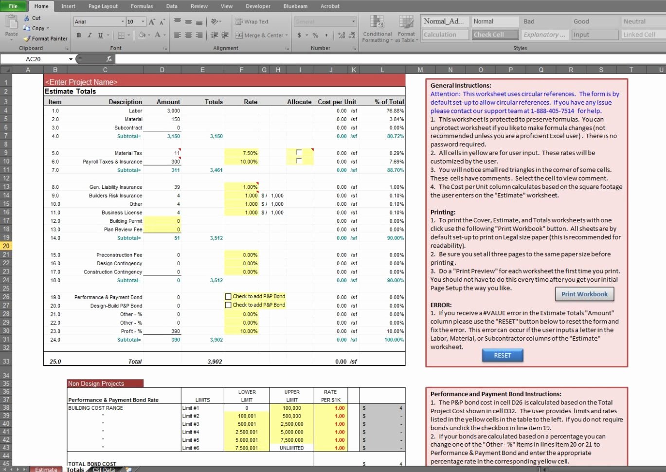 estimate spreadsheet template