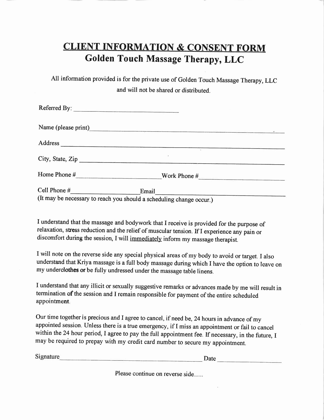 Counseling Intake form Template Fresh Golden touch Massage therapy Client Intake form