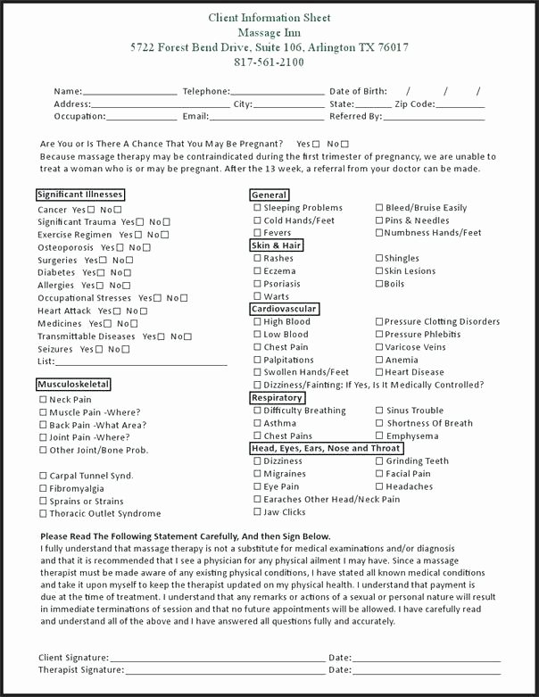 Counseling Intake form Template Fresh Massage therapy Intake forms Templates the Invoice and