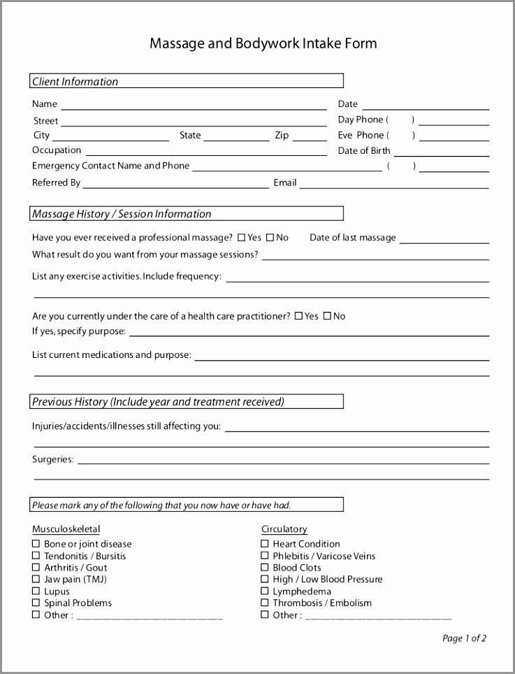 Counseling Intake form Template Inspirational 5 Massage therapy Intake form Template