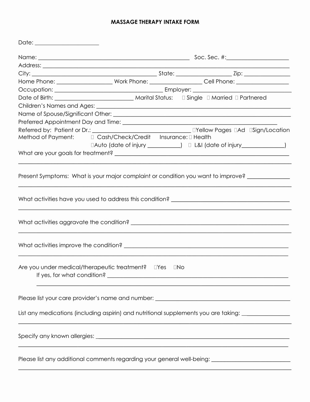 Counseling Intake form Template New Massage therapy Client Intake form Template forms 3775