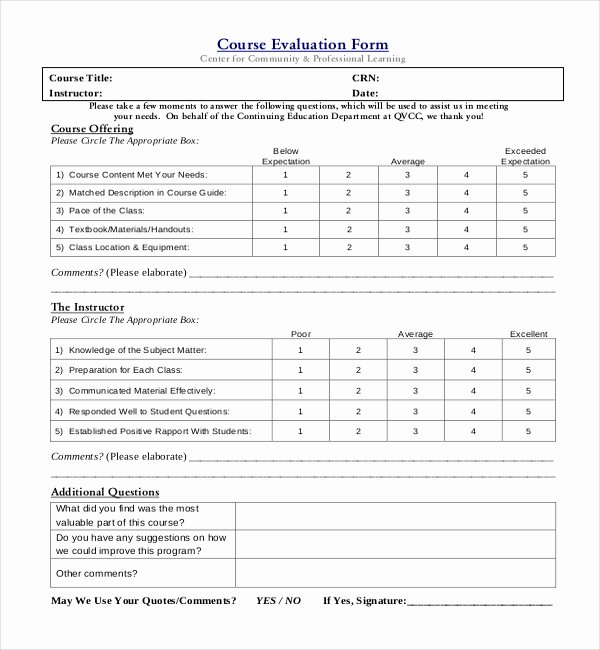 Course Evaluation form Template Lovely 23 Sample Course Evaluation form