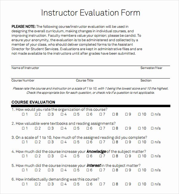 Course Evaluation form Template Unique Instructor Evaluation form 8 Download Free Documents In Pdf