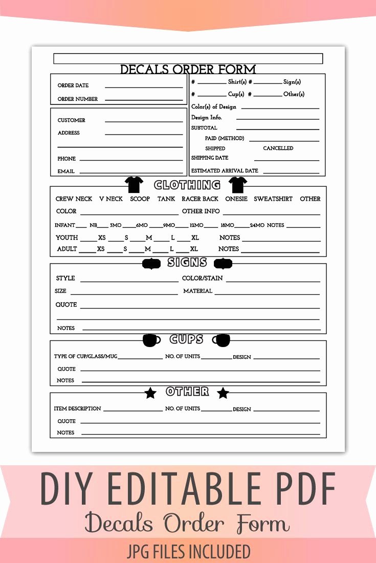 Custom order forms Template New Vinyl Decals order form Sheet Letter Size forms Sales