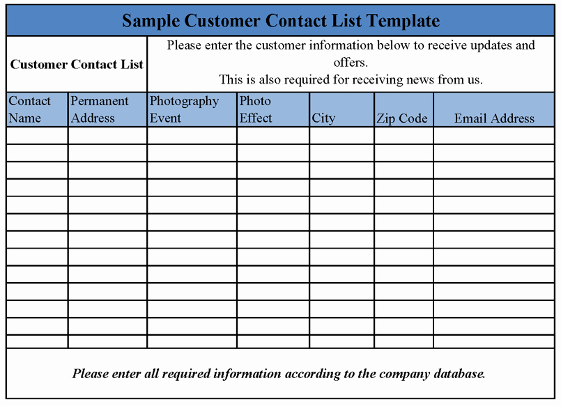Customer Contact List Template New Customer Contact List Template