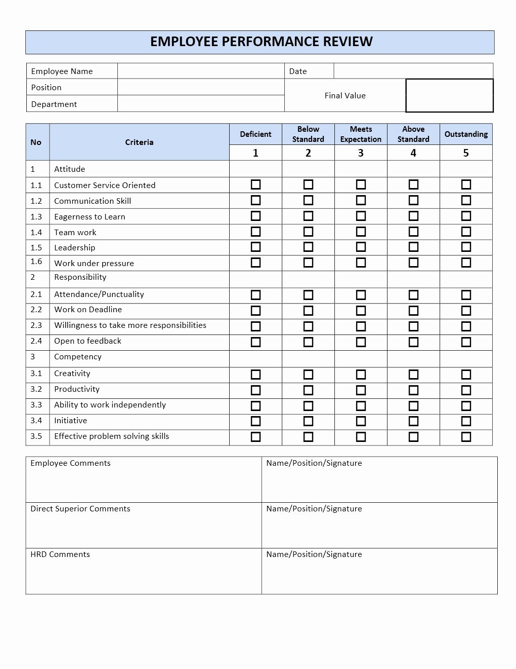 Customer Service Performance Review Template Lovely Employee Performance Review form