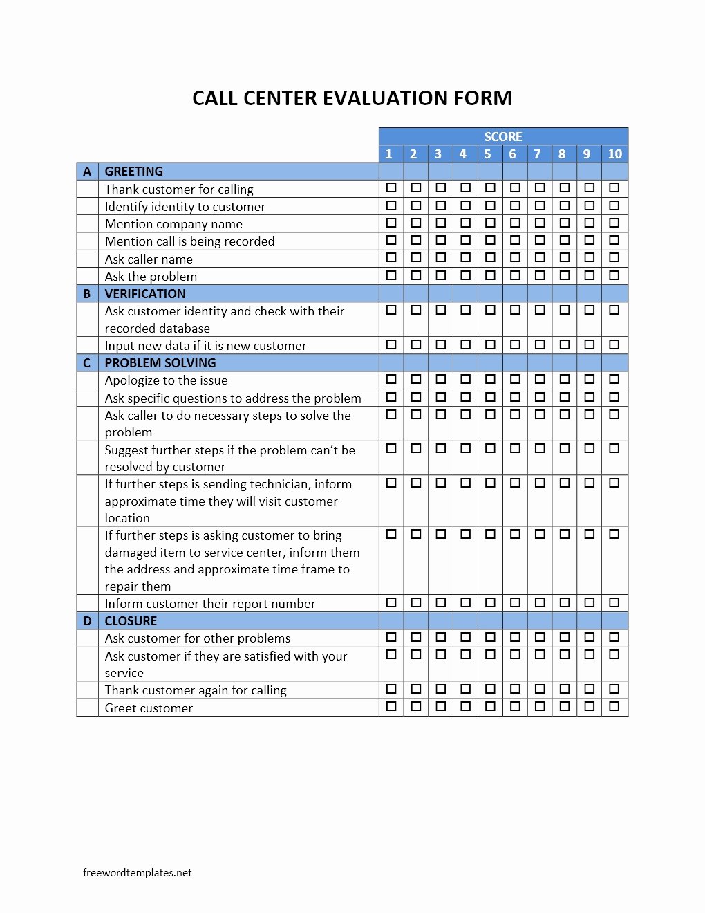 Customer Service Performance Review Template New Call Center Evaluation form