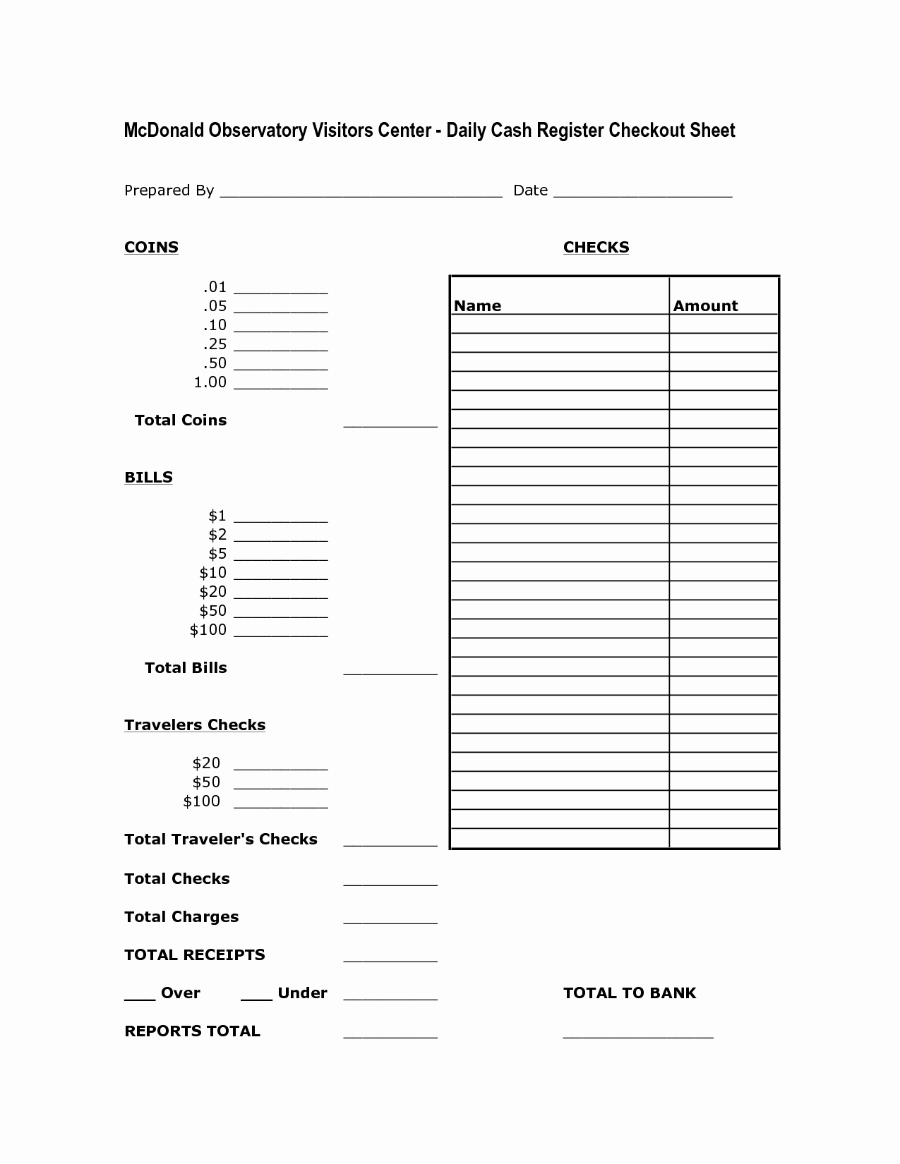 Daily Cash Reconciliation Template Unique Cash Drawer Count Sheet Template