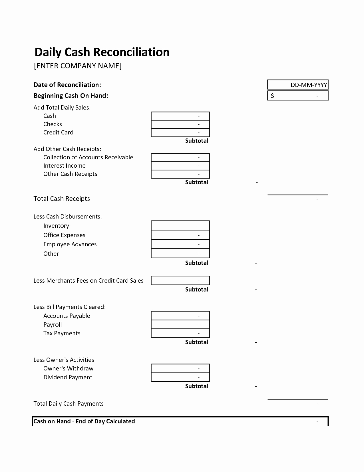 Daily Cash Report Template Beautiful End Day Cash Register Report Template