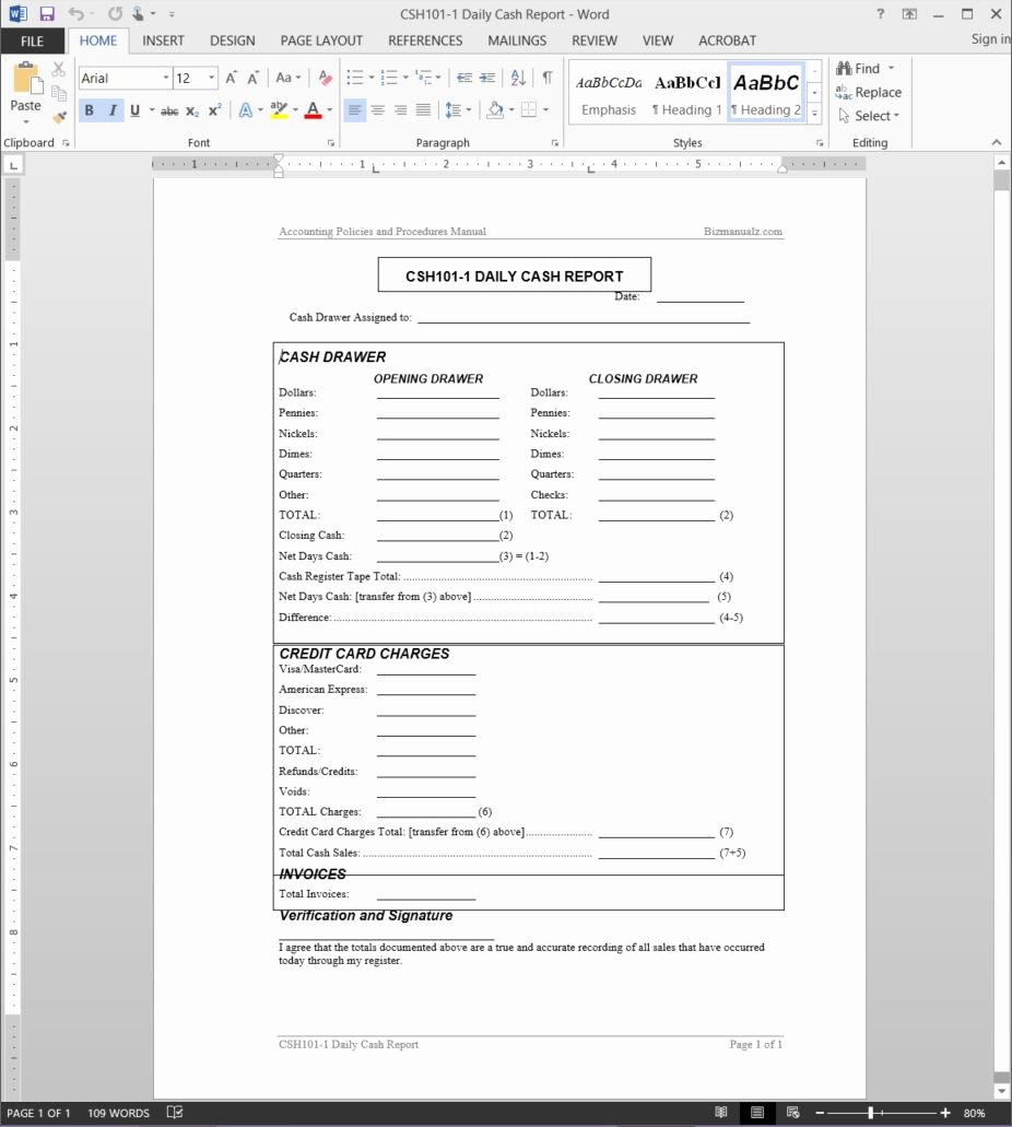 Daily Cash Report Template Excel New Daily Cash Report Template