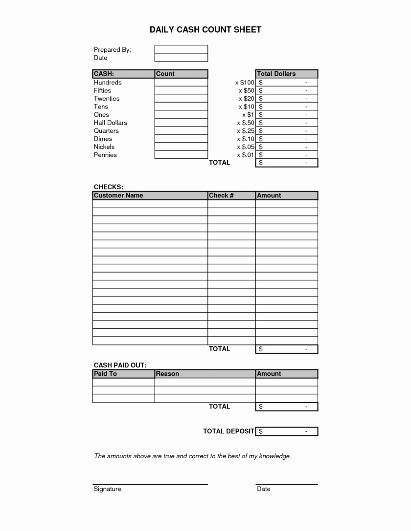 Daily Cash Sheet Template Excel Unique Cash Drawer Tally Sheet Template