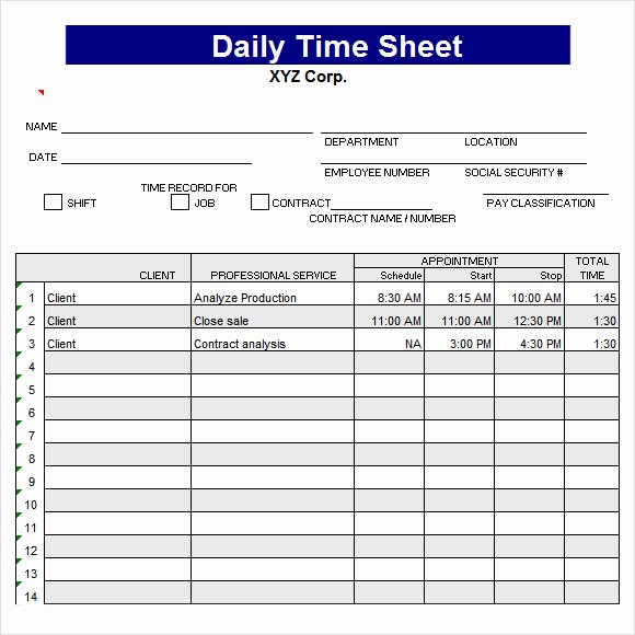 Daily Timesheet Excel Template Fresh 7 Daily Timesheet Templates Free Sample Example format