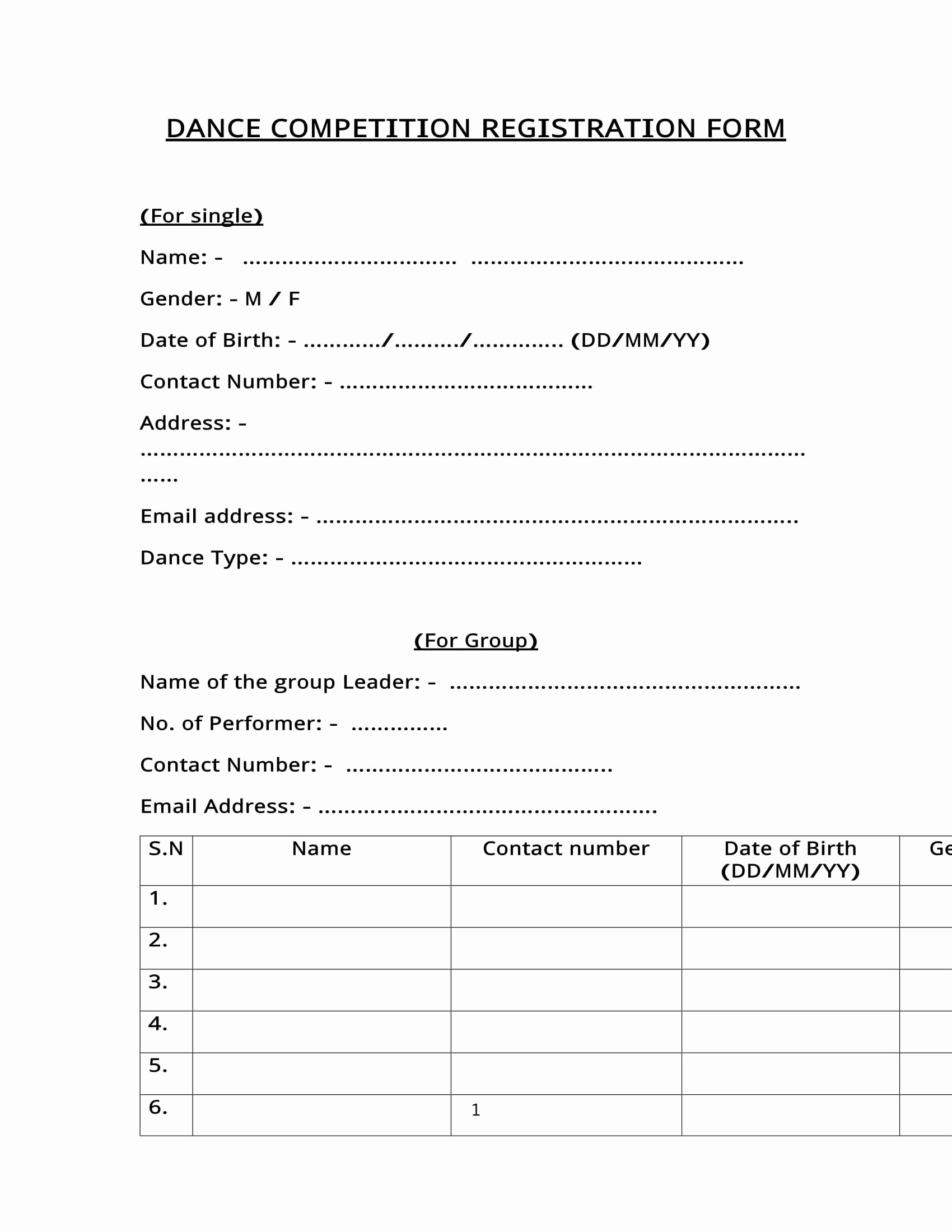 Dance Registration form Template Unique format Registration form for Workshop Choice Image