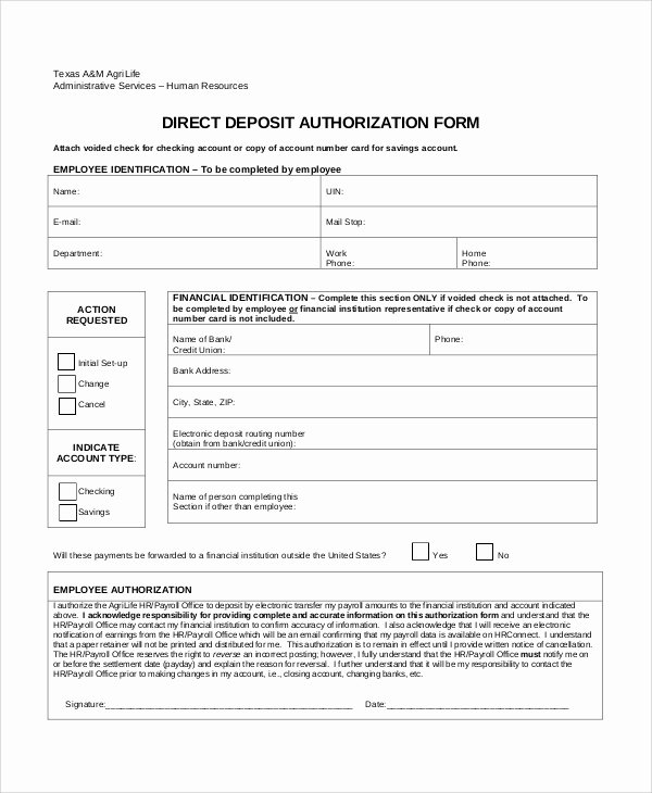 Direct Deposit Authorization form Template Lovely 10 Sample Direct Deposit Authorization forms