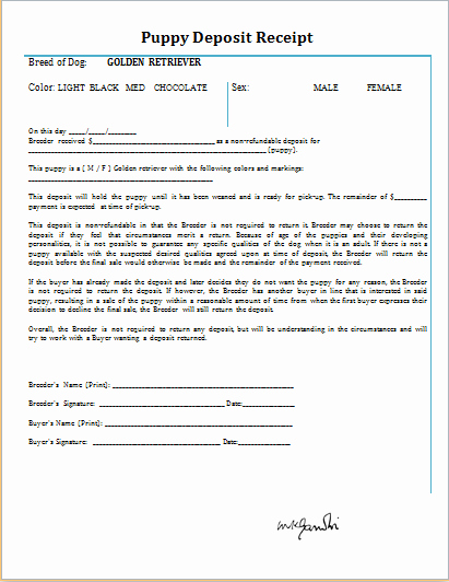 Dog Training Contract Template Lovely Puppy Deposit Receipt Template at Receipts Templates